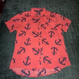 Five Points Mens Salmon Pink XL Anchor Print Short Sleeve Collared Shirt